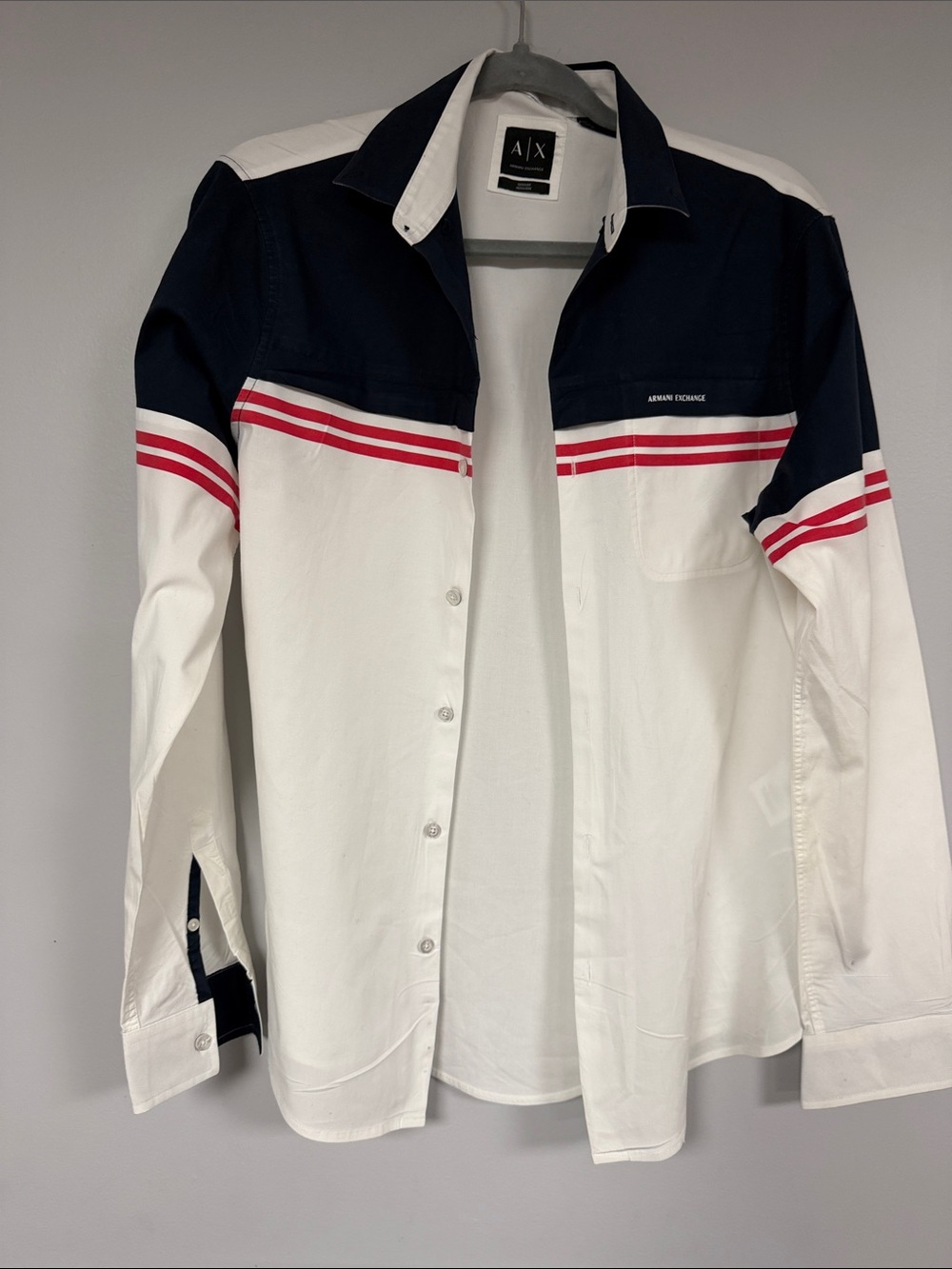 A/X Armani Exchange  White/ Navy / Red Cotton Long Sleeve Shirt Size S